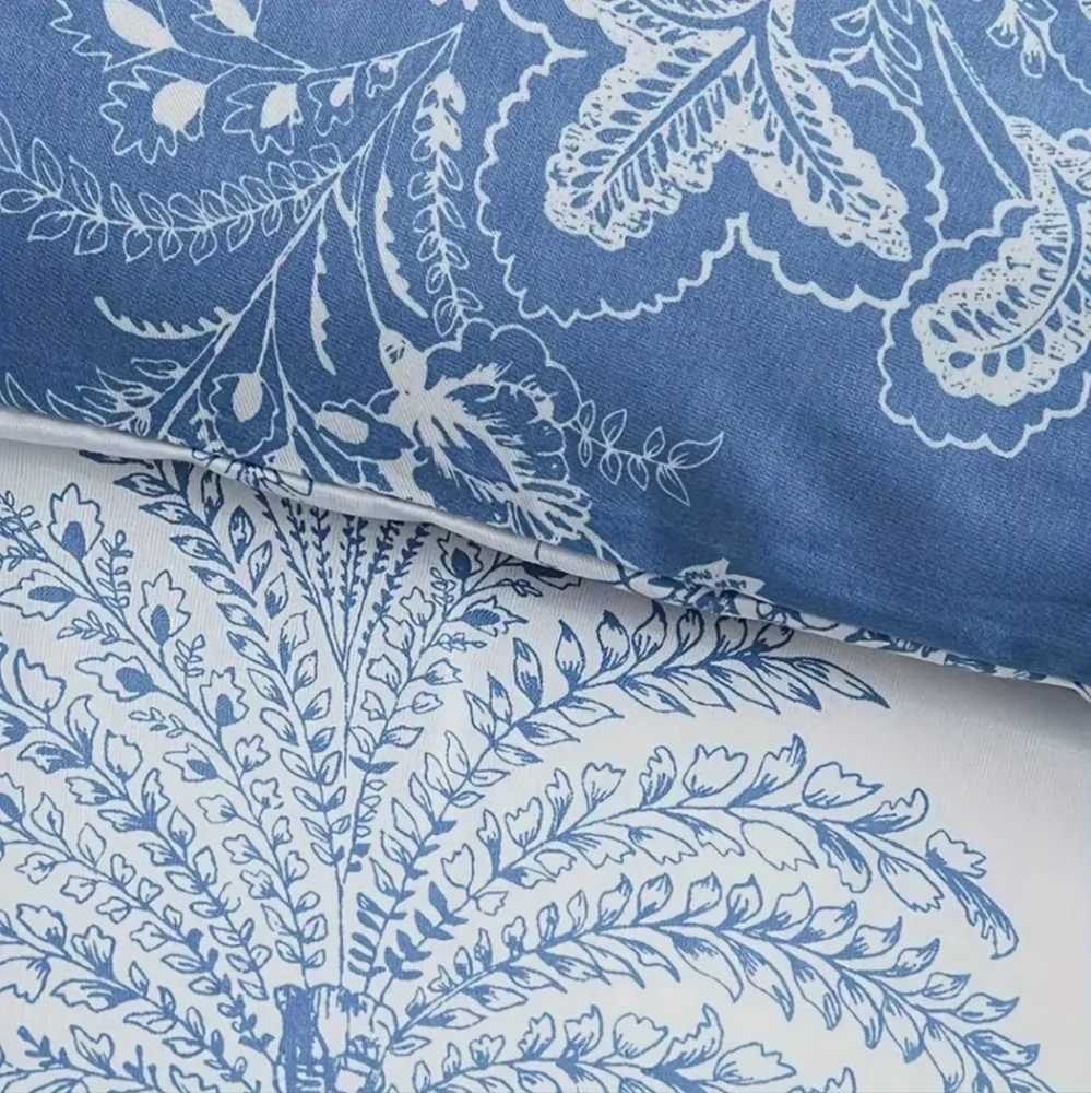 King Size Duvet Double Sided Print Floral Blue & White Bedding Set 3 Pieces Nwt
